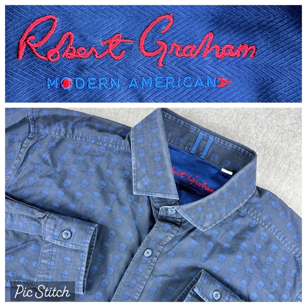 Robert Graham modern American Skull Button Up‎ Dress Shirt Mens L Navy Blue